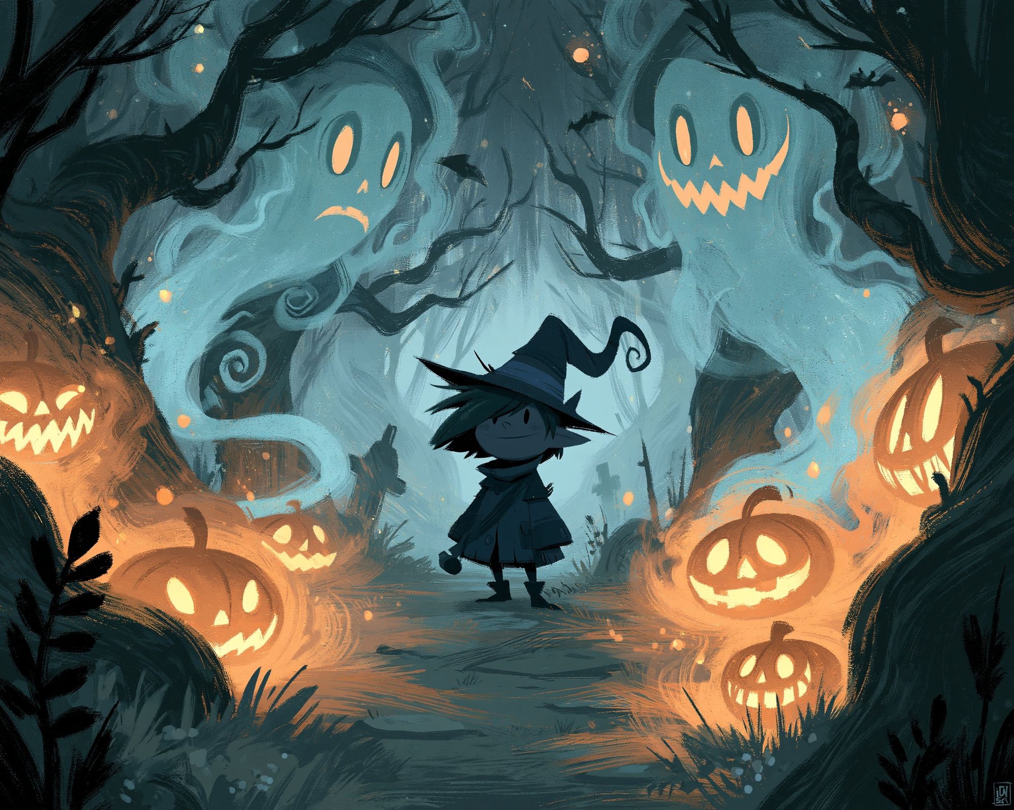 Spooky Pumpkin Forest Illustration Poster. poster detail