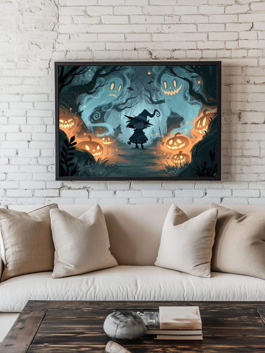 Spooky Pumpkin Forest Illustration Poster. room preview