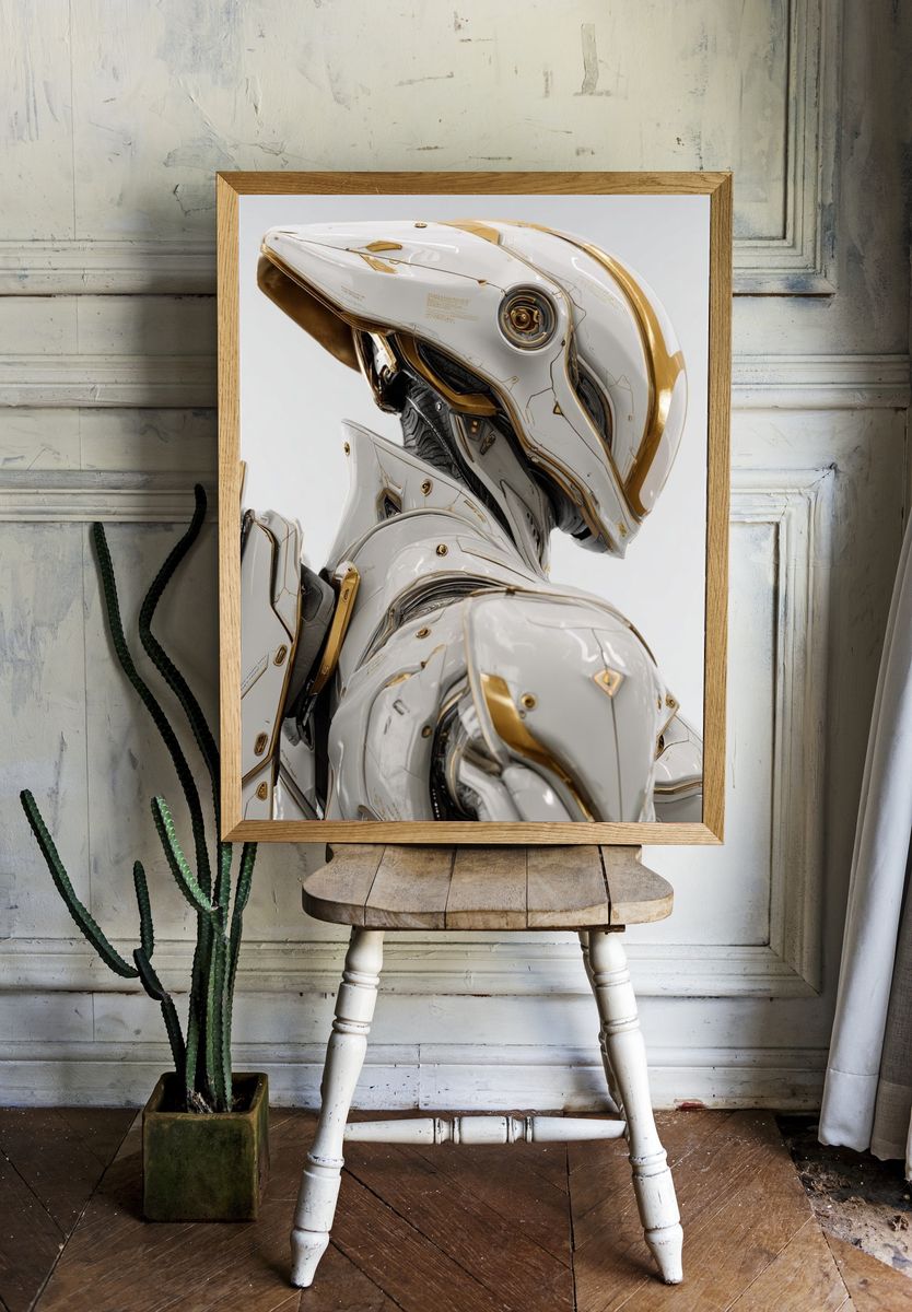 Futuristic White Mecha Illustration Poster. room preview