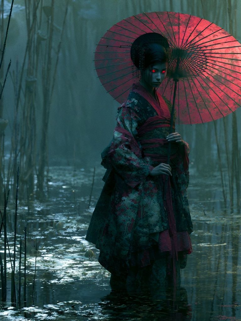 Mystic Geisha in Bamboo Forest Print. poster — illustration art