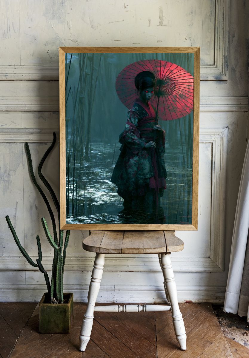 Mystic Geisha in Bamboo Forest Print. room preview