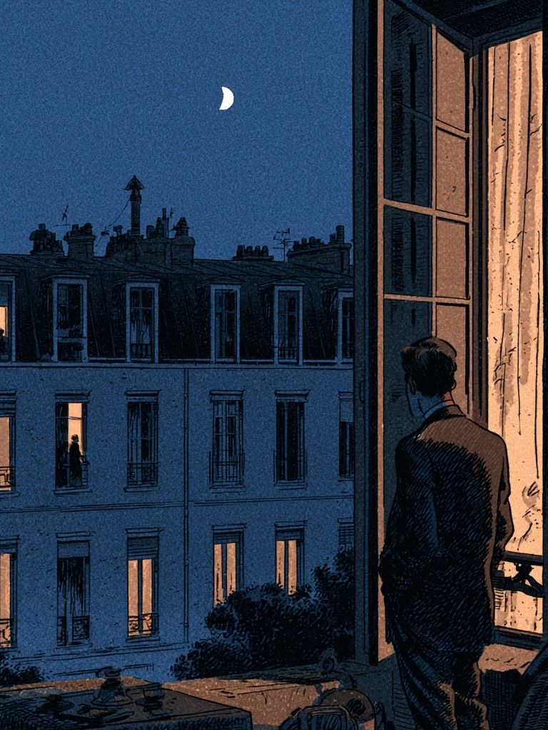 Moonlit Paris Window Illustration Poster. poster detail
