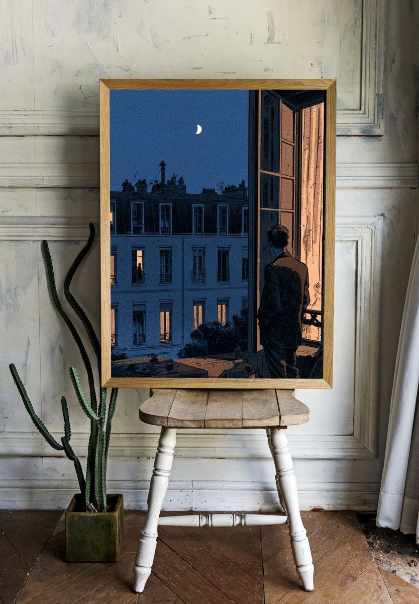 Moonlit Paris Window Illustration Poster. — room view 1