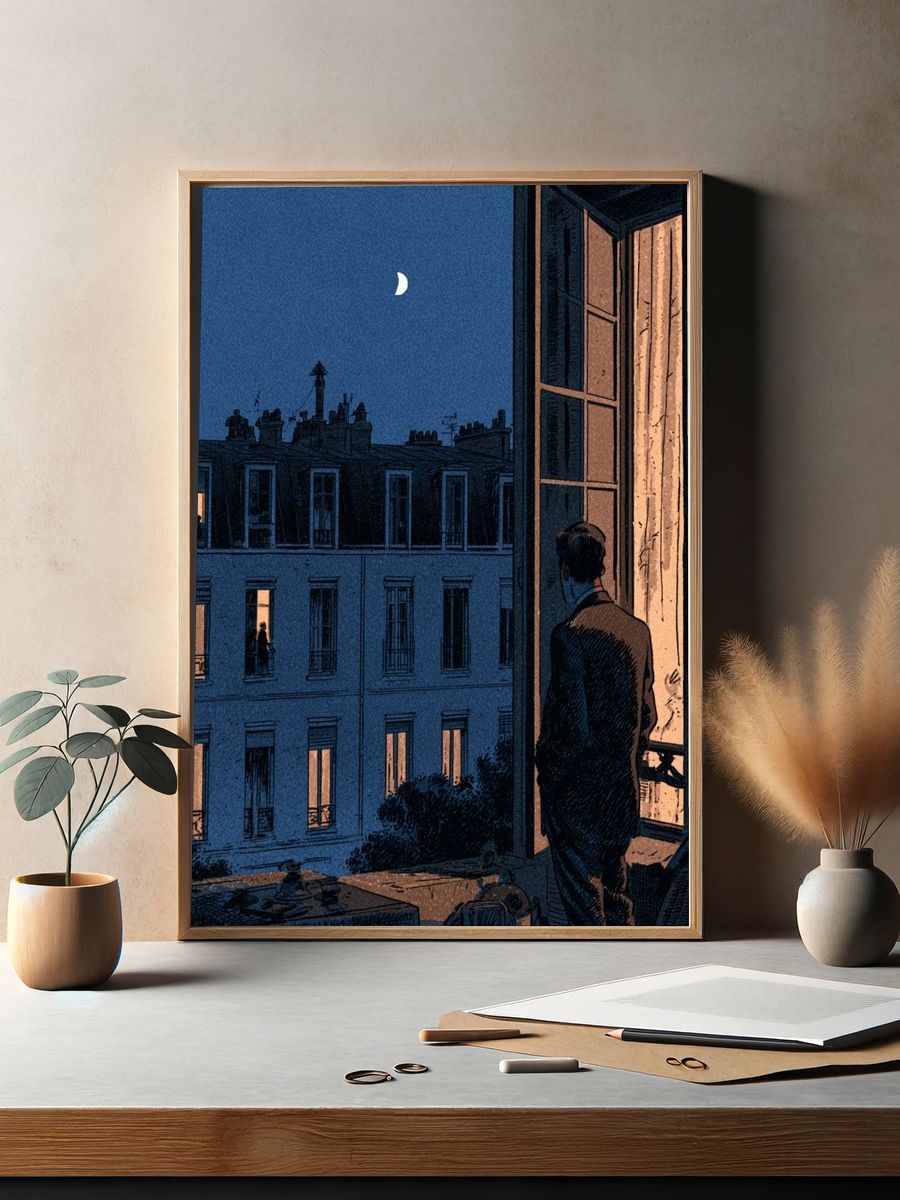 Moonlit Paris Window Illustration Poster. — room view 2