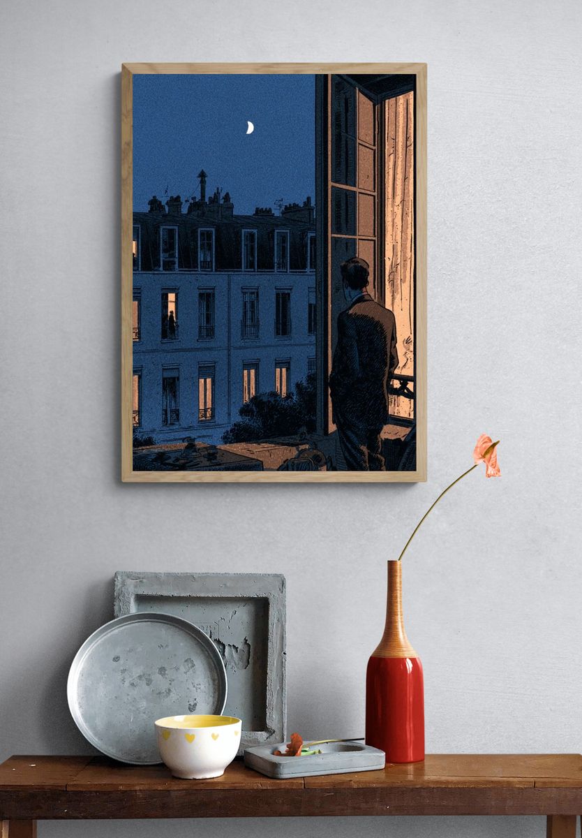Moonlit Paris Window Illustration Poster. — room view 3
