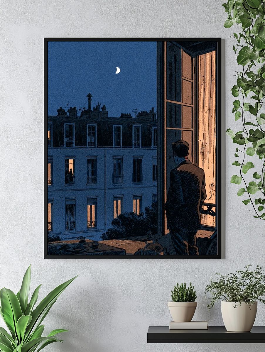 Moonlit Paris Window Illustration Poster. — room view 4