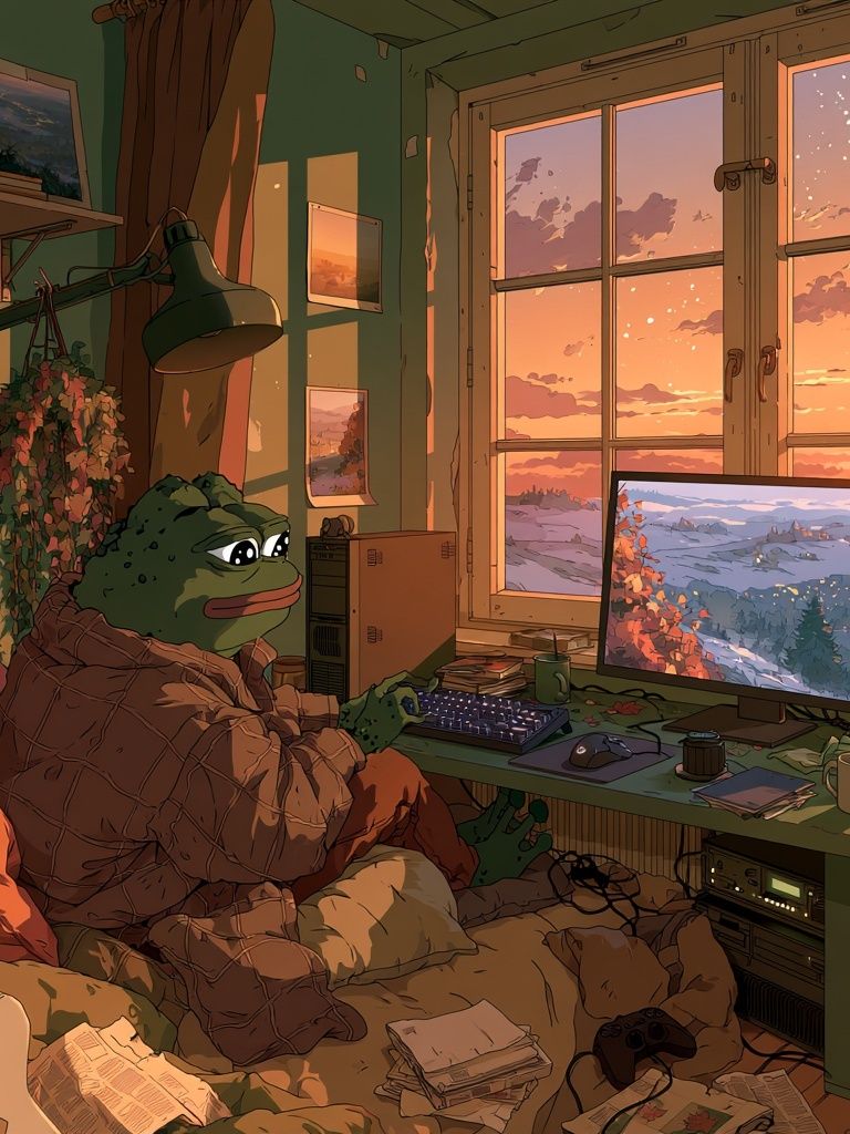 Cozy Frog Gamer Room Illustration Poster. poster — illustration art