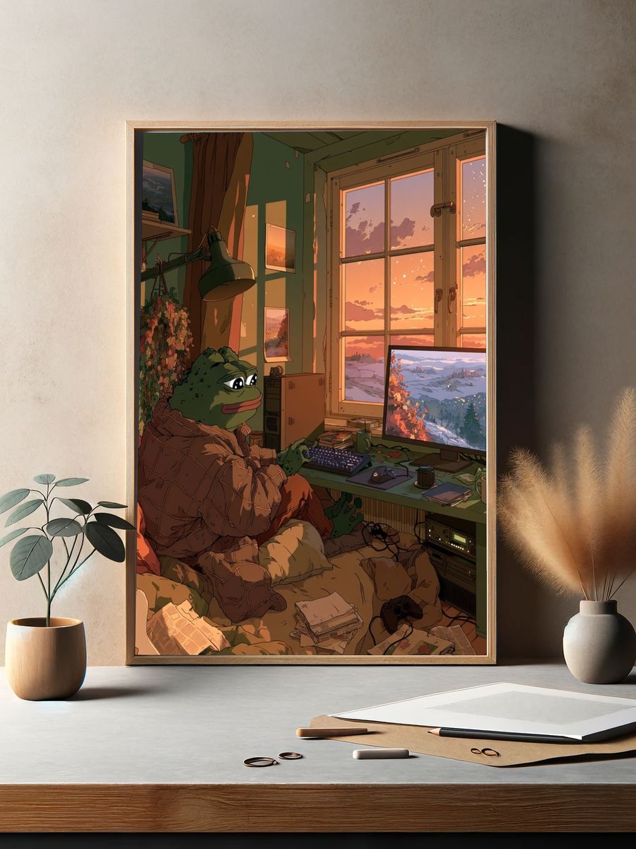 Cozy Frog Gamer Room Illustration Poster. — room view 2