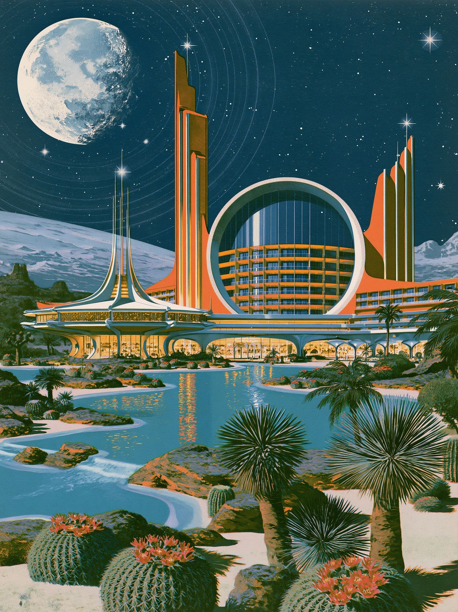 Retro Futuristic Lunar Resort Print. poster — illustration art