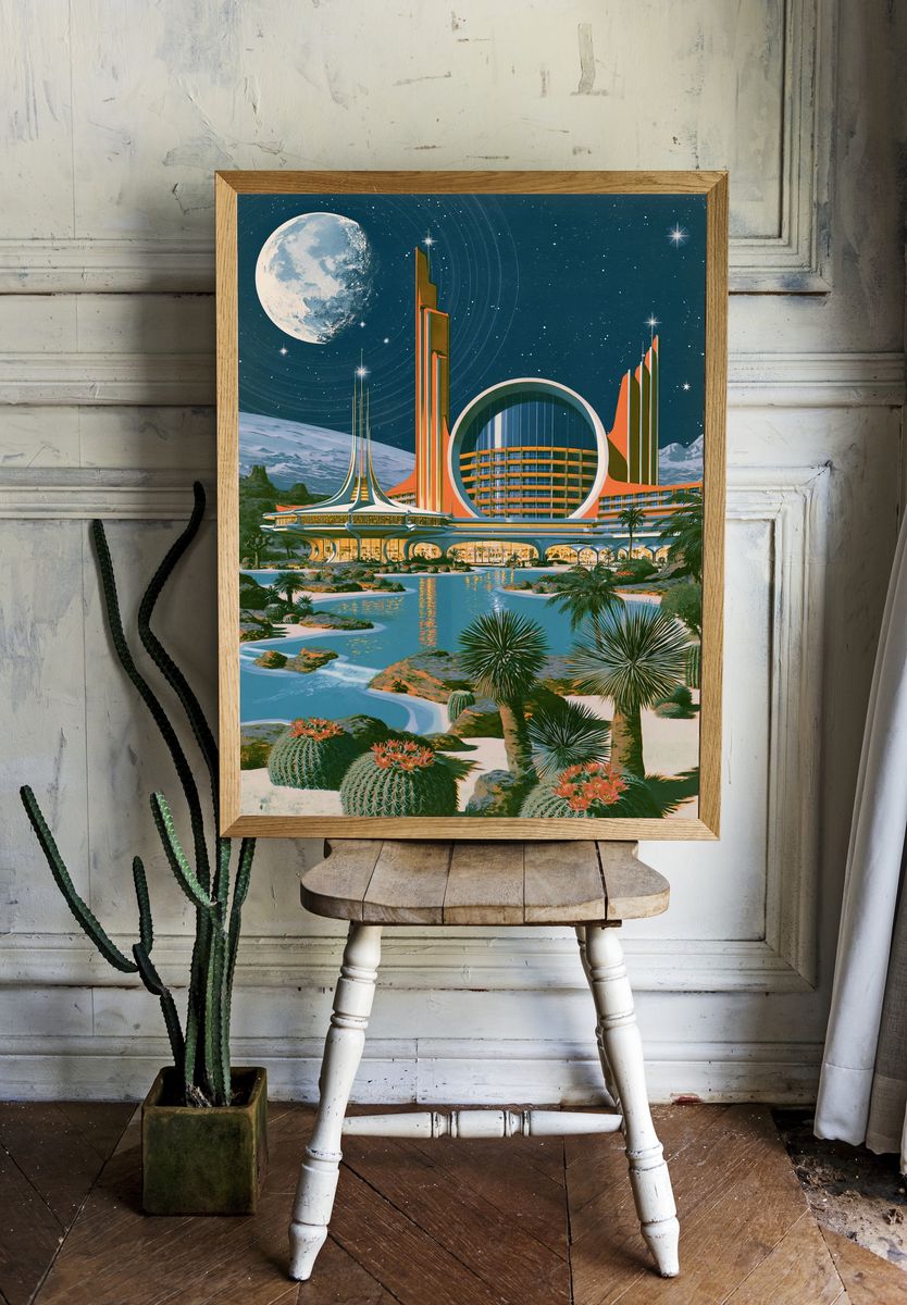 Retro Futuristic Lunar Resort Print. room preview