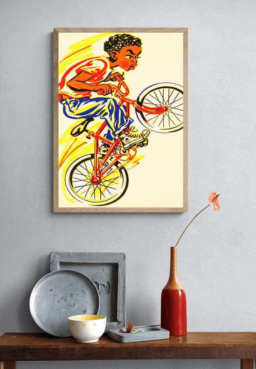 Boy on Bicycle Illustration Poster. — room view 3