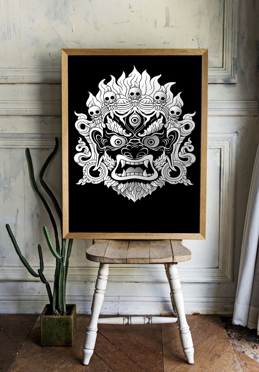 Demon Mask Line Art Poster. room preview