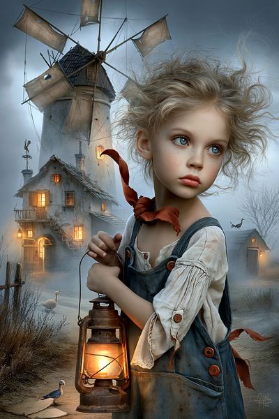 Dreamlike Girl and Windmill Poster. poster print
