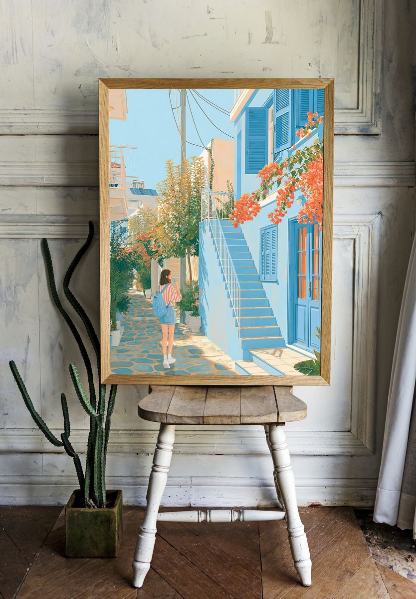 Sunlit Greek Alley Illustration Poster. — room view 1