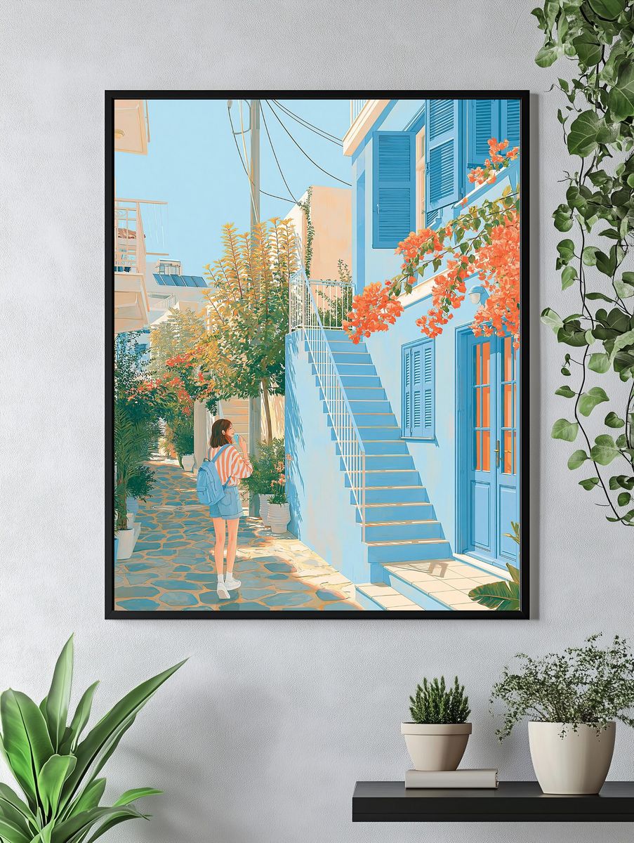 Sunlit Greek Alley Illustration Poster. — room view 4