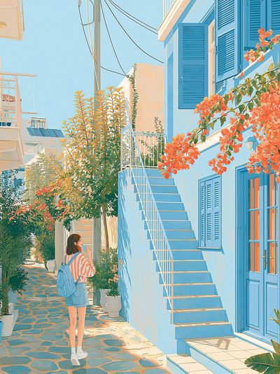 Sunlit Greek Alley Illustration Poster. poster