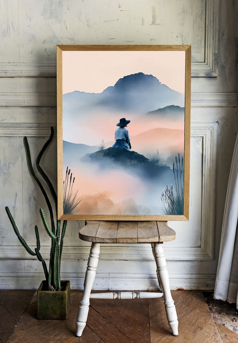 Misty Mountain Solitude Illustration Poster. — room view 1