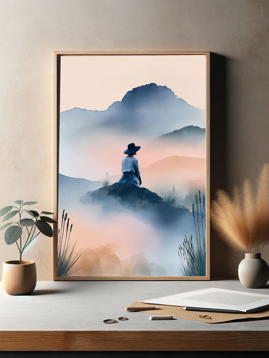 Misty Mountain Solitude Illustration Poster. — room view 2