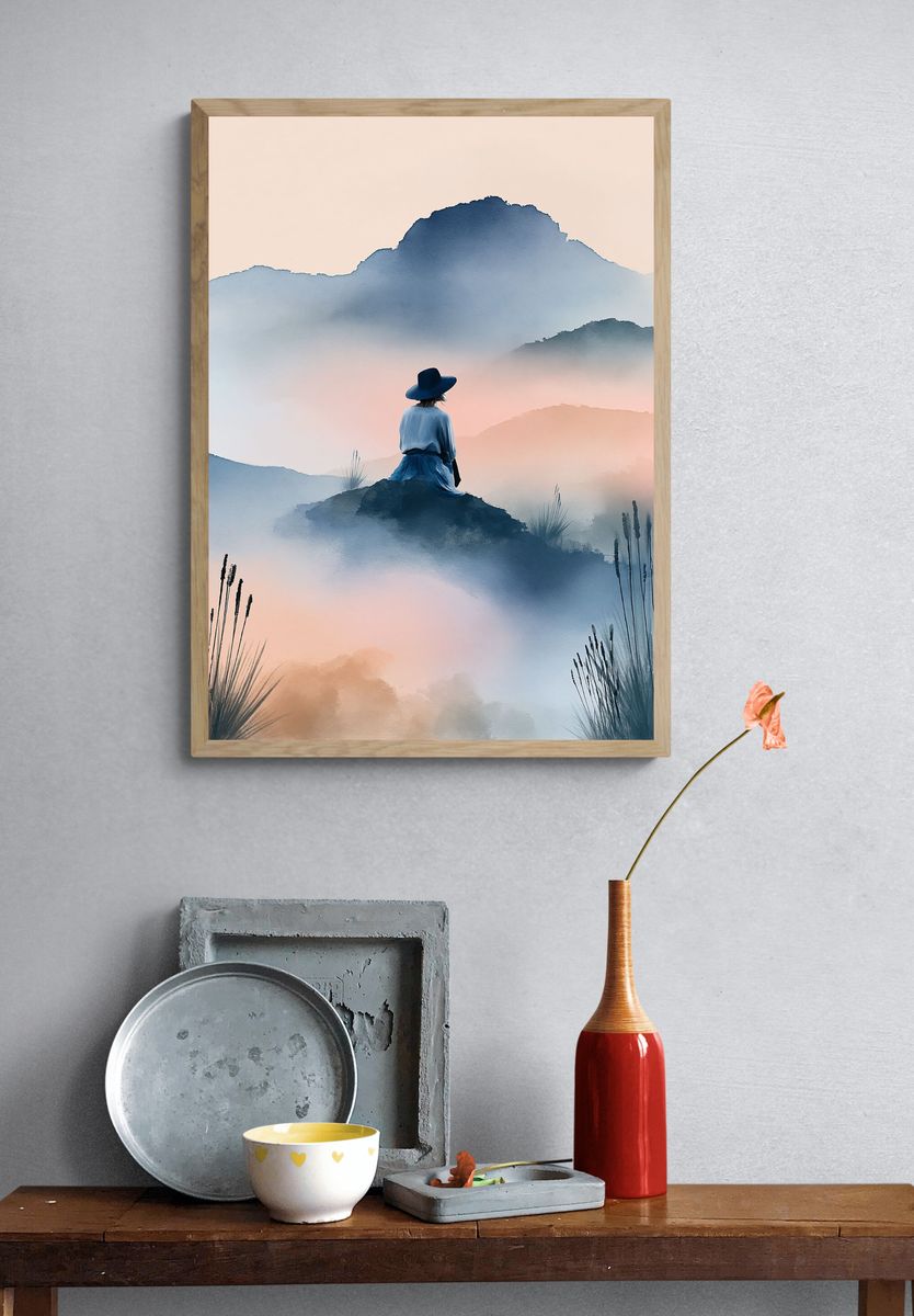 Misty Mountain Solitude Illustration Poster. — room view 3