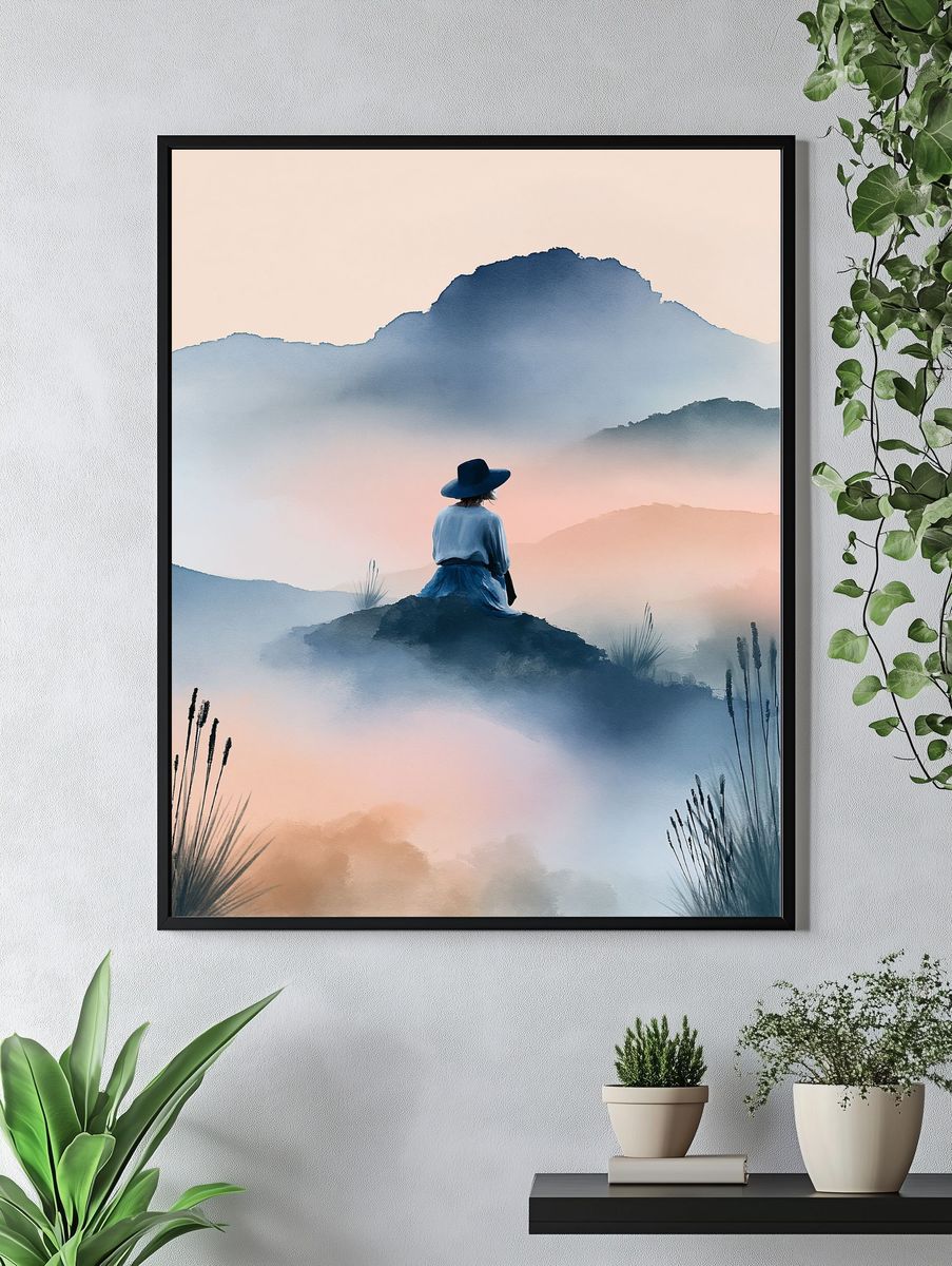 Misty Mountain Solitude Illustration Poster. — room view 4