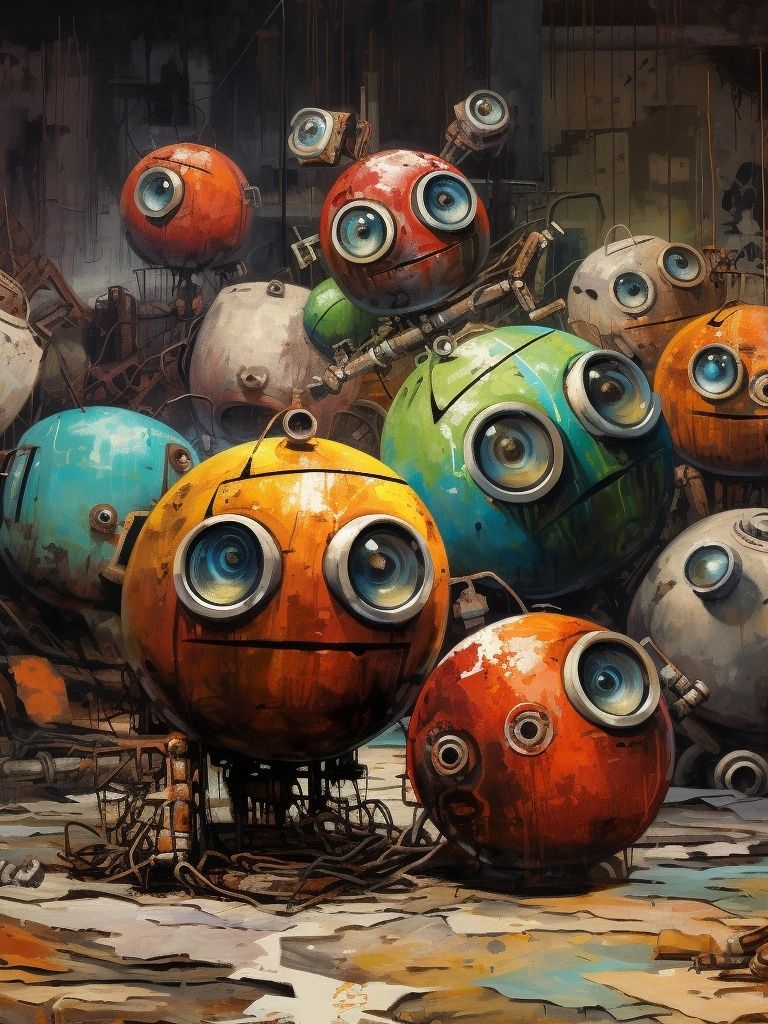 Whimsical Robot Faces Illustration Poster. poster — illustration art