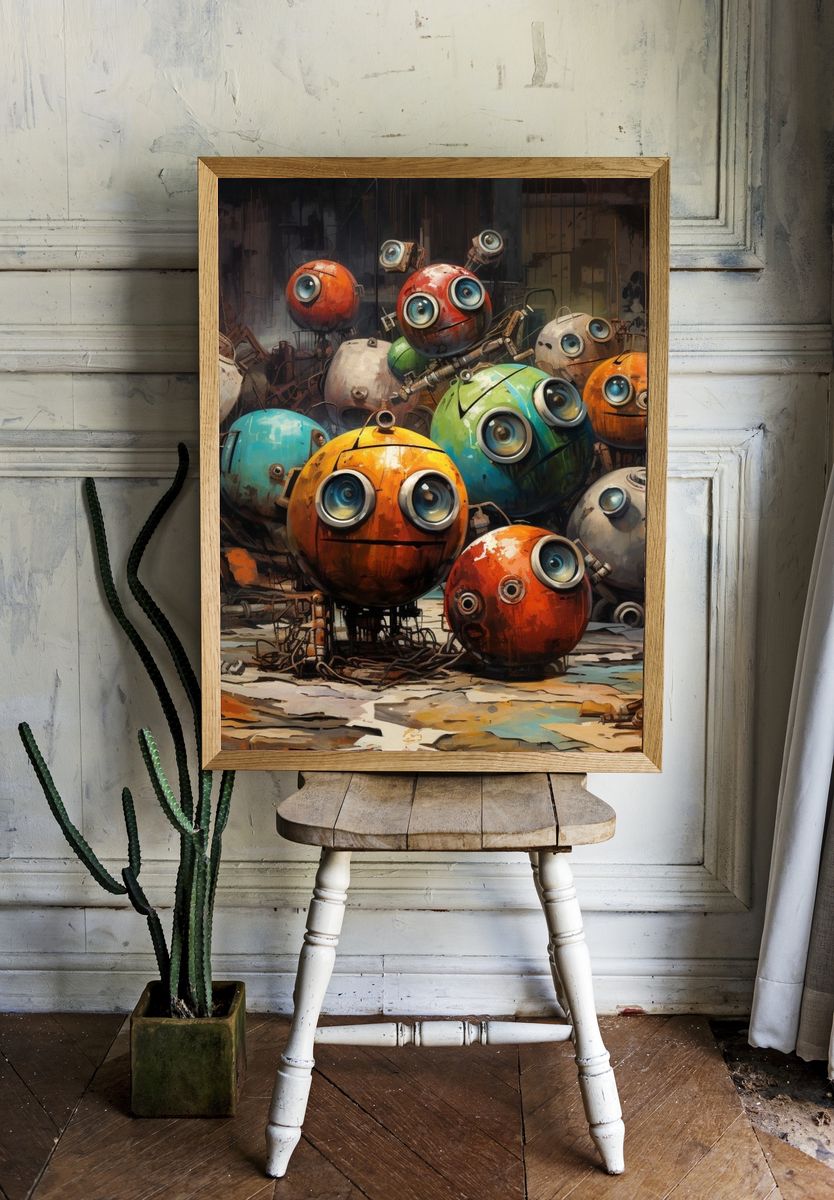 Whimsical Robot Faces Illustration Poster. room preview