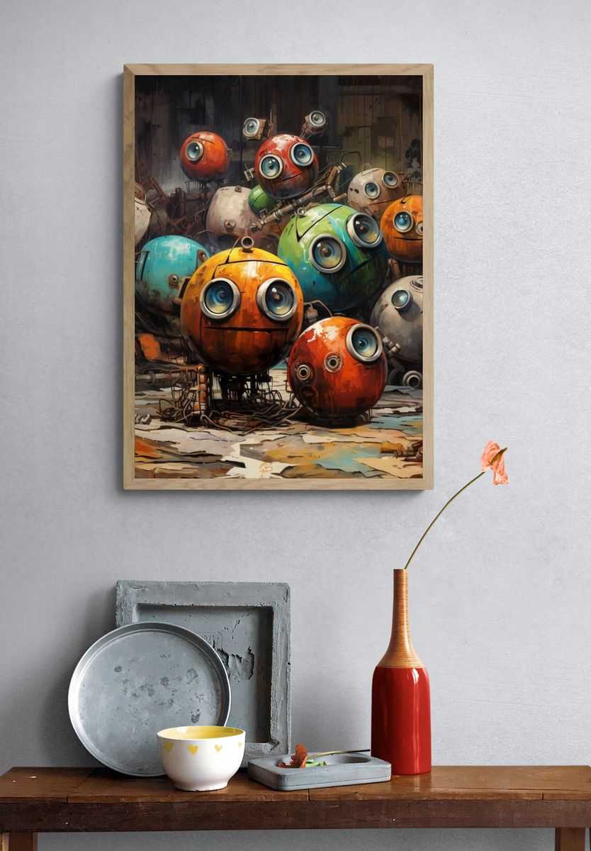 Whimsical Robot Faces Illustration Poster. — room view 3
