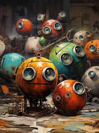 Whimsical Robot Faces Illustration Poster. poster