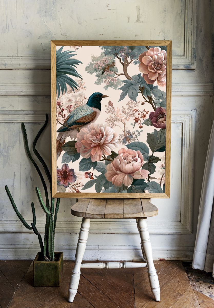 Tropical Bird and Floral Illustration Poster. — room view 1