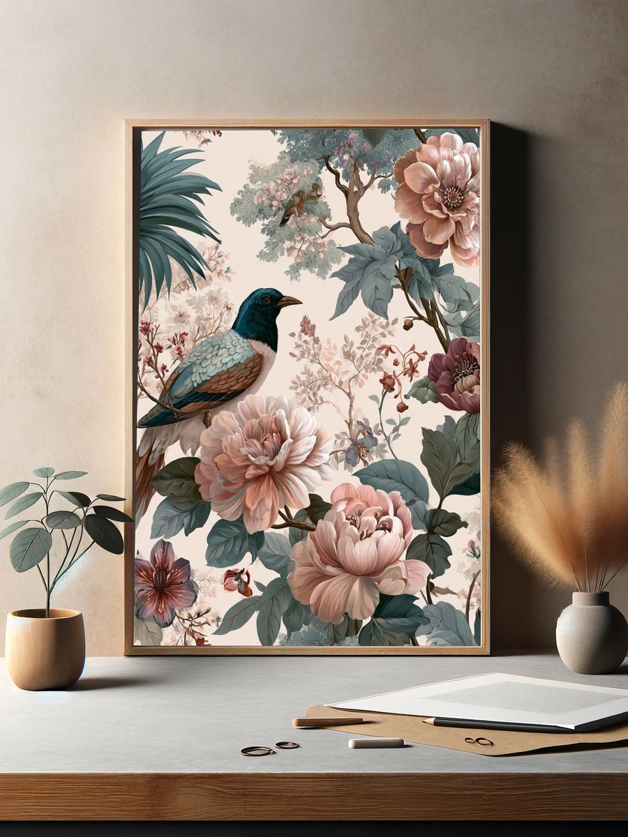 Tropical Bird and Floral Illustration Poster. — room view 2