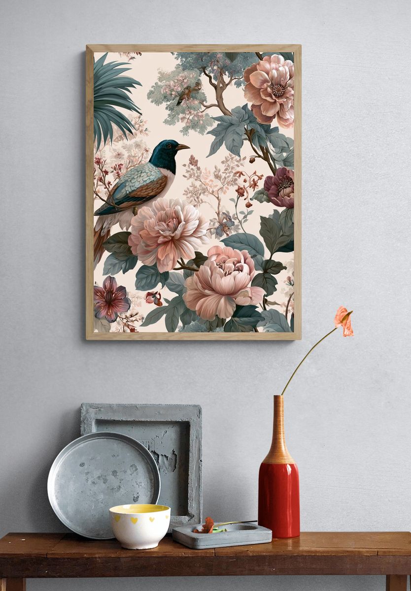 Tropical Bird and Floral Illustration Poster. — room view 3