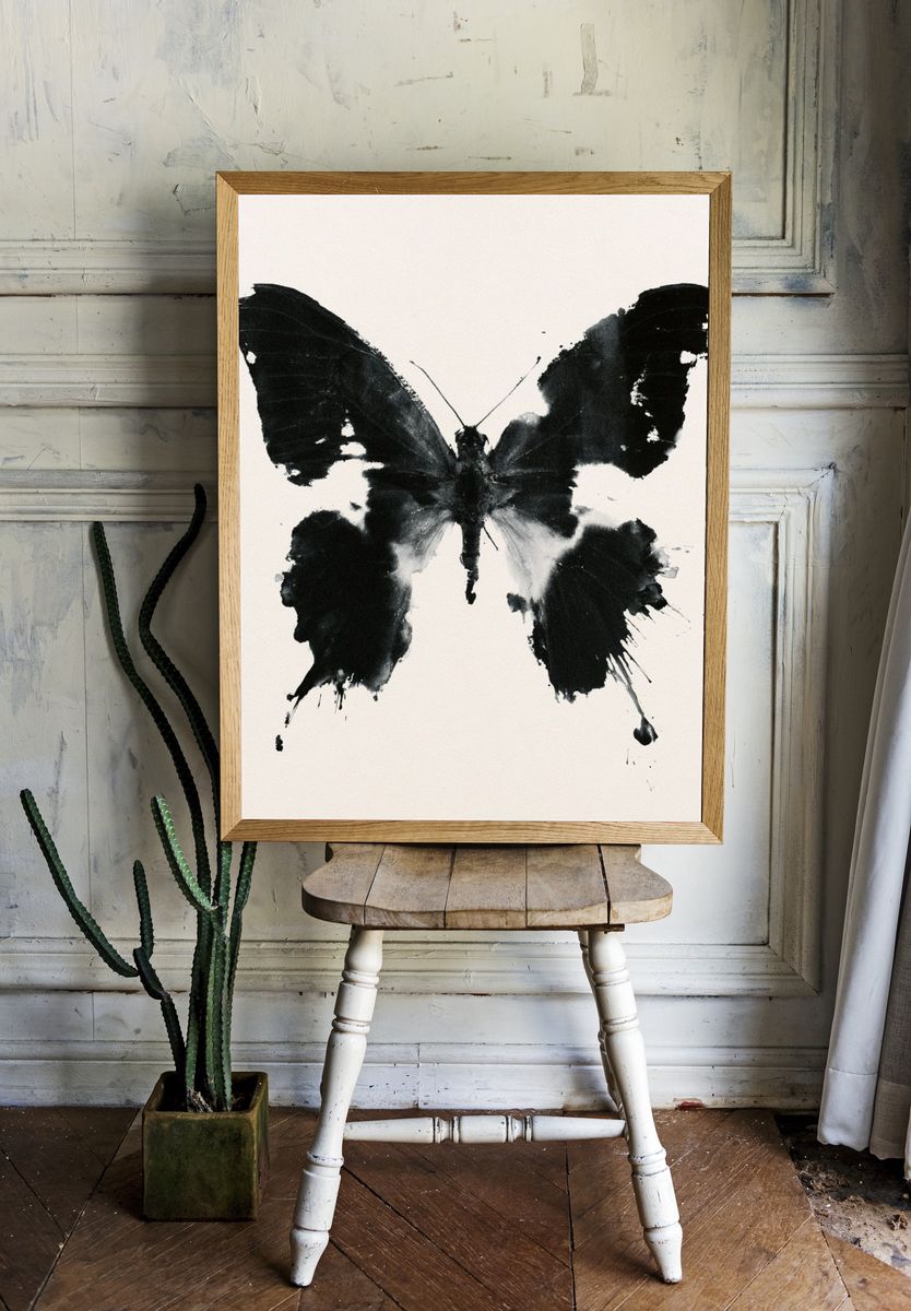 Monochrome Butterfly Ink Poster. — room view 1