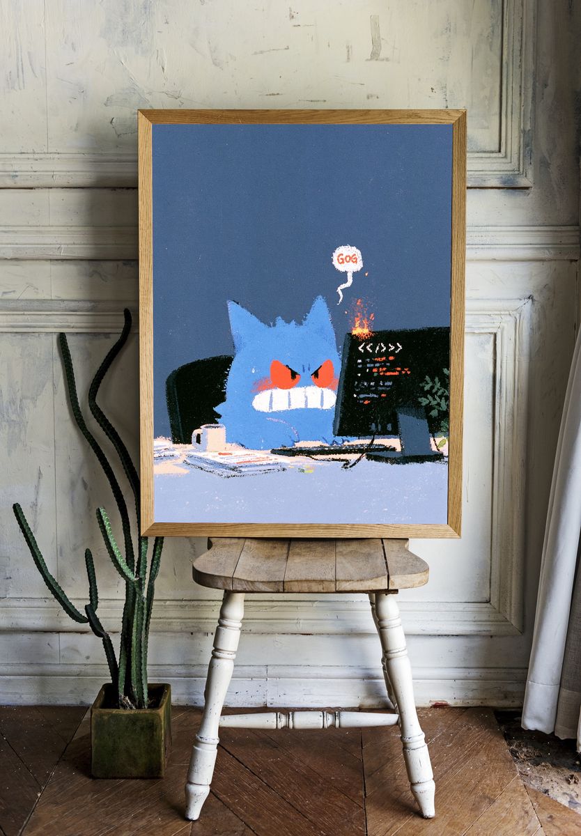 Angry Blue Cat Illustration Poster. — room view 1