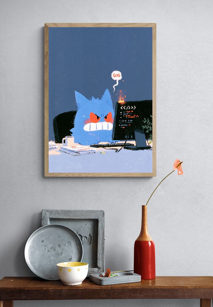 Angry Blue Cat Illustration Poster. — room view 3