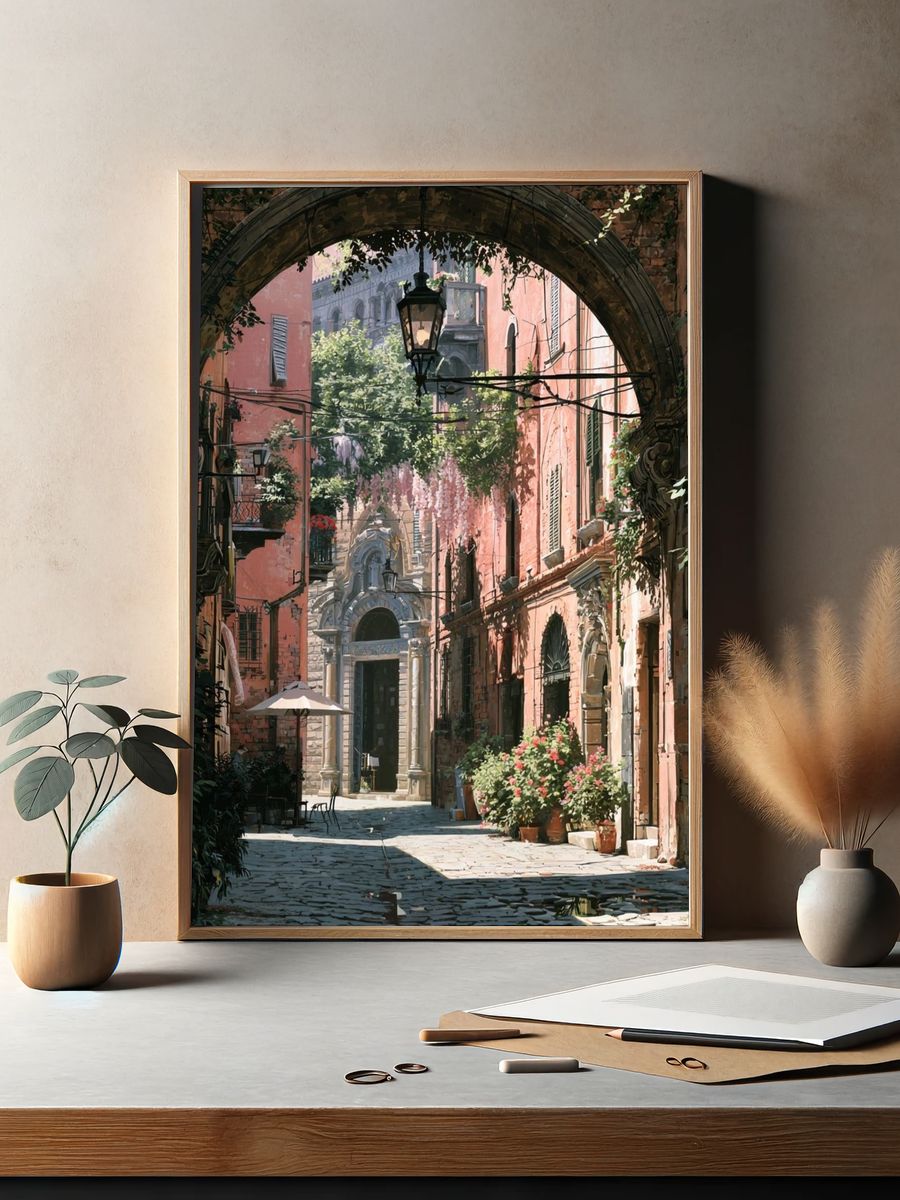 Italian Courtyard Street — Illustration Print. — room view 2