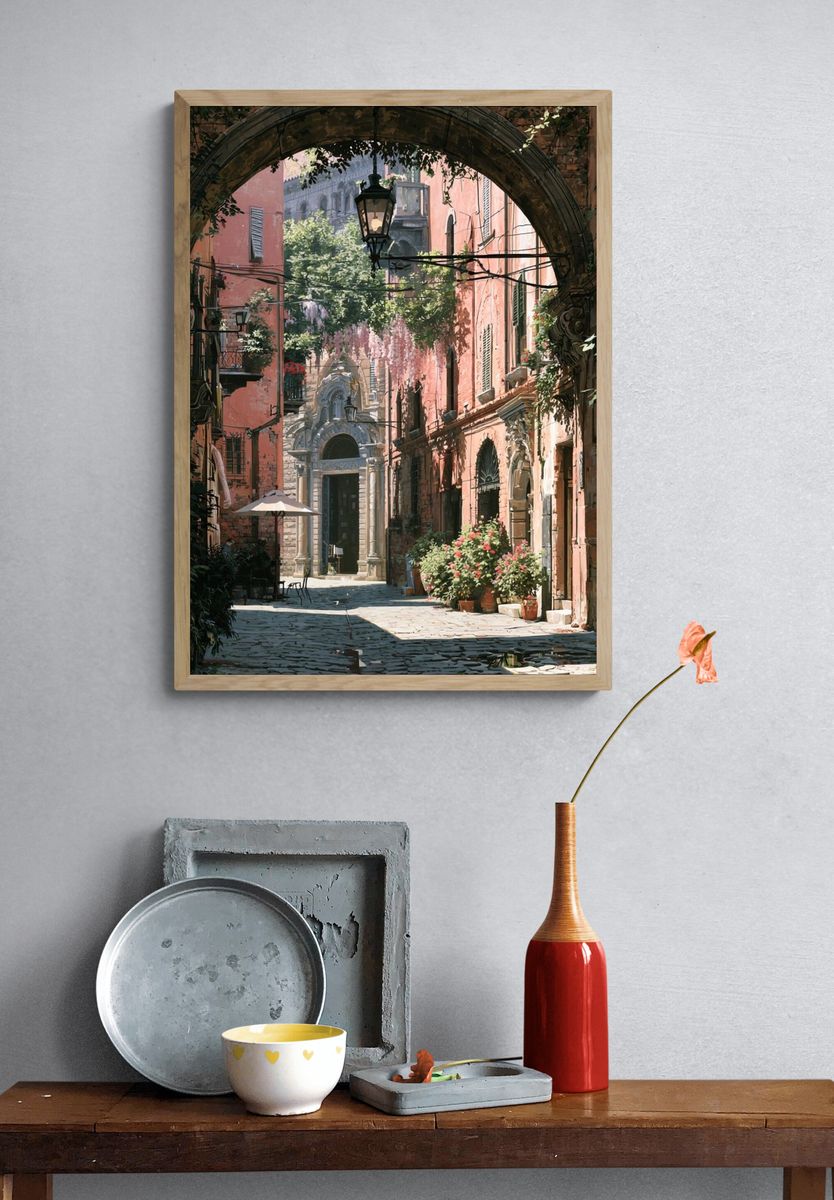 Italian Courtyard Street — Illustration Print. — room view 3