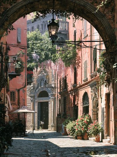 Italian Courtyard Street — Illustration Print.