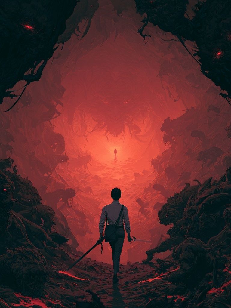 Red Cavern Explorer Illustration Poster. poster detail