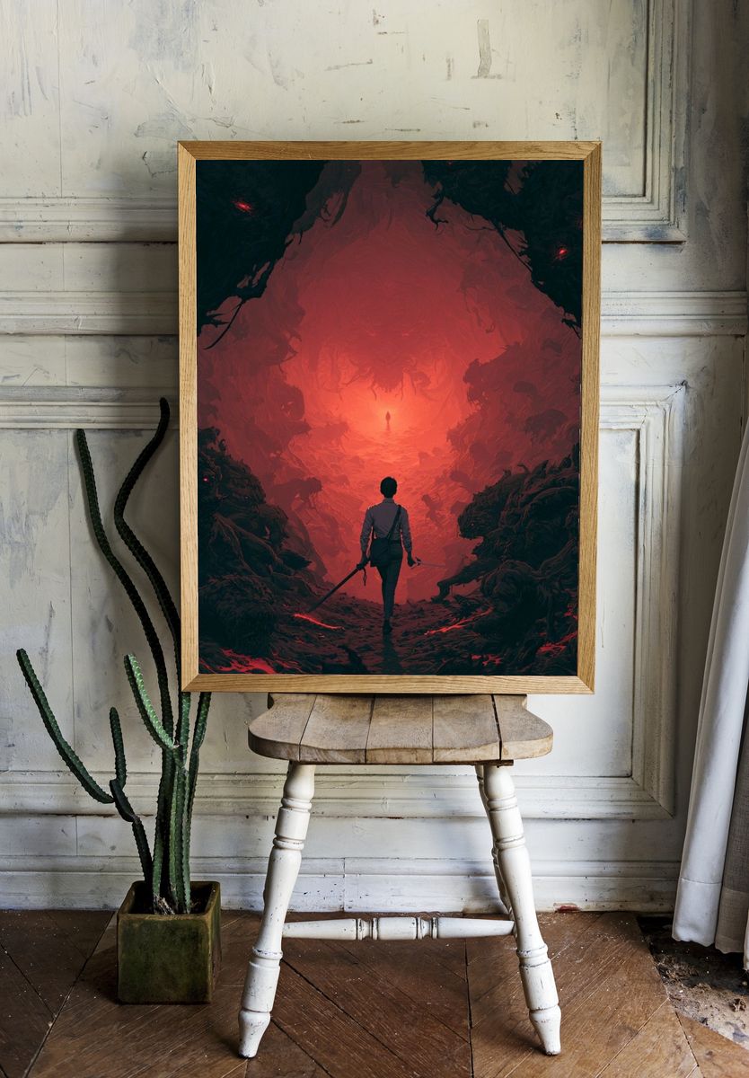 Red Cavern Explorer Illustration Poster. room preview