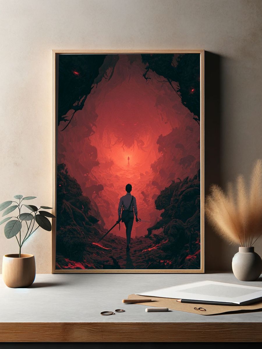 Red Cavern Explorer Illustration Poster. — room view 2