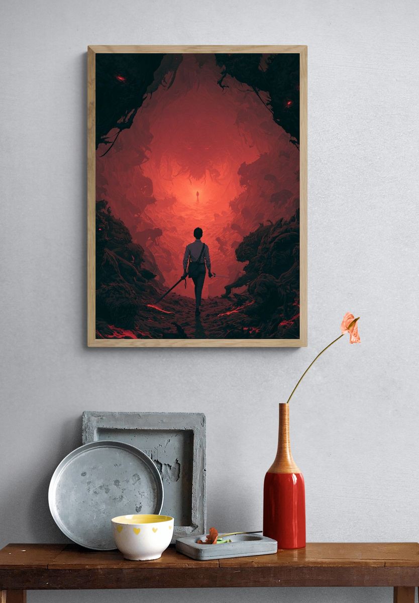 Red Cavern Explorer Illustration Poster. — room view 3
