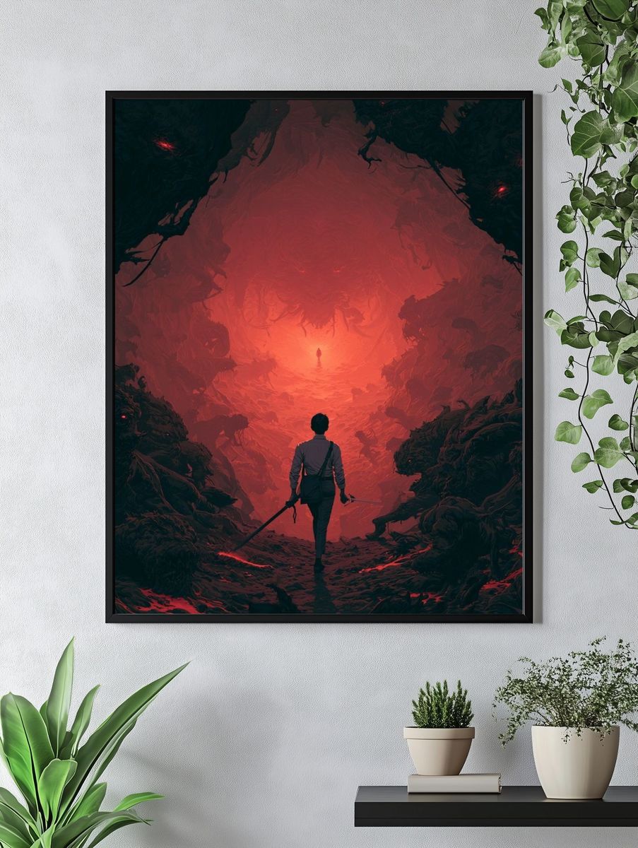 Red Cavern Explorer Illustration Poster. — room view 4