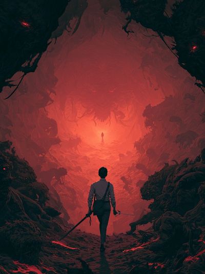 Red Cavern Explorer Illustration Poster. poster