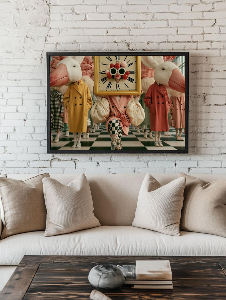 Surreal Duck Fashion Clock Print. — room view 1