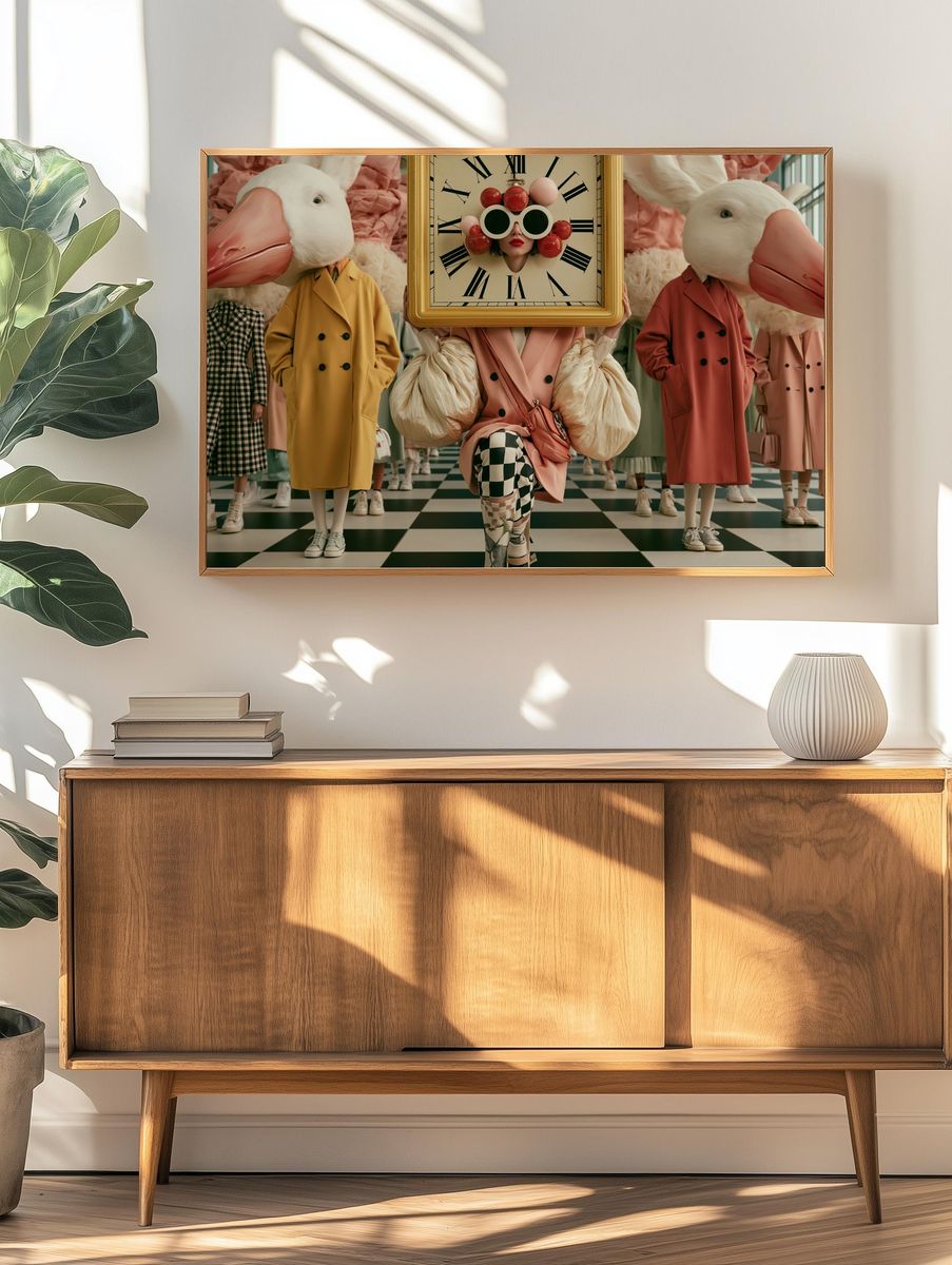 Surreal Duck Fashion Clock Print. — room view 3
