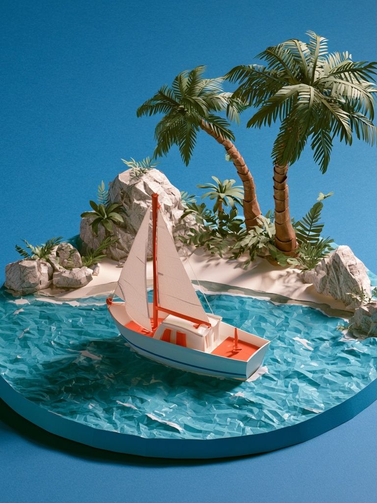 Tropical Sailboat Island Print. poster — illustration art