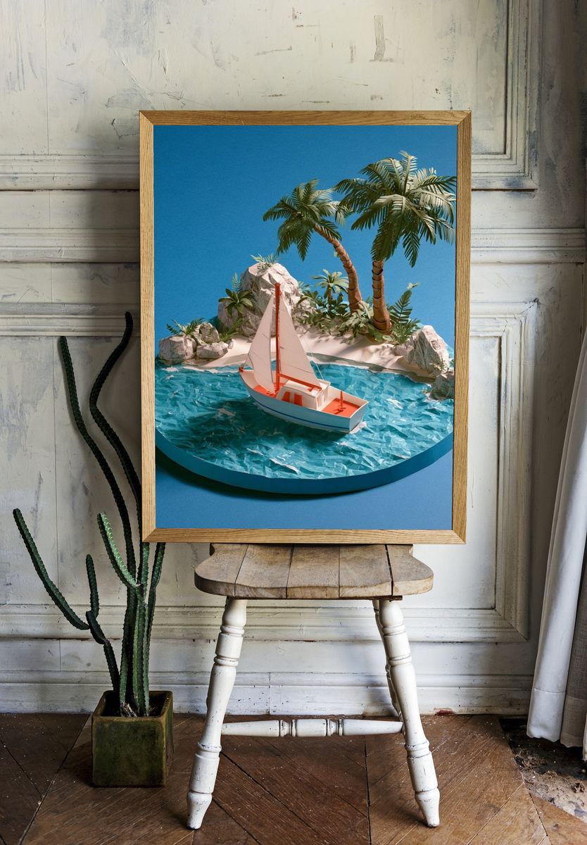 Tropical Sailboat Island Print. — room view 1