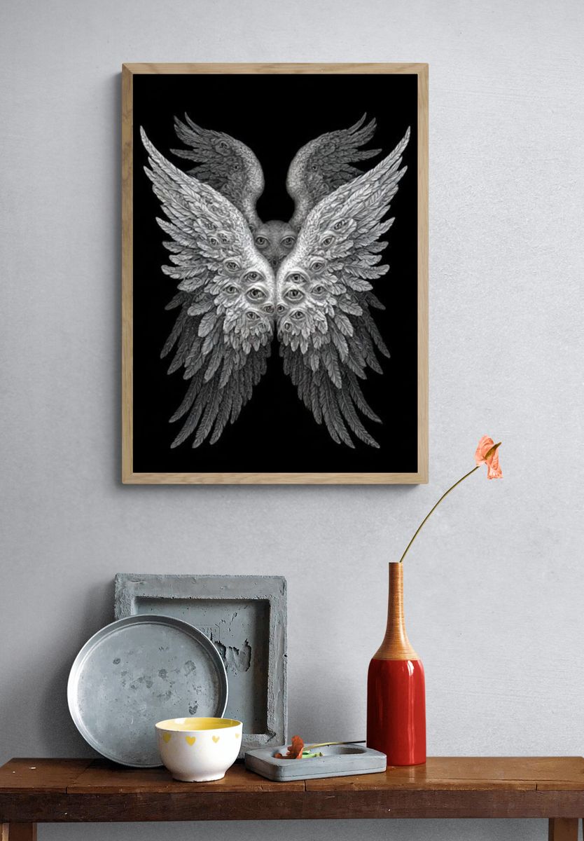 Surreal Winged Eyes Illustration Poster. — room view 3