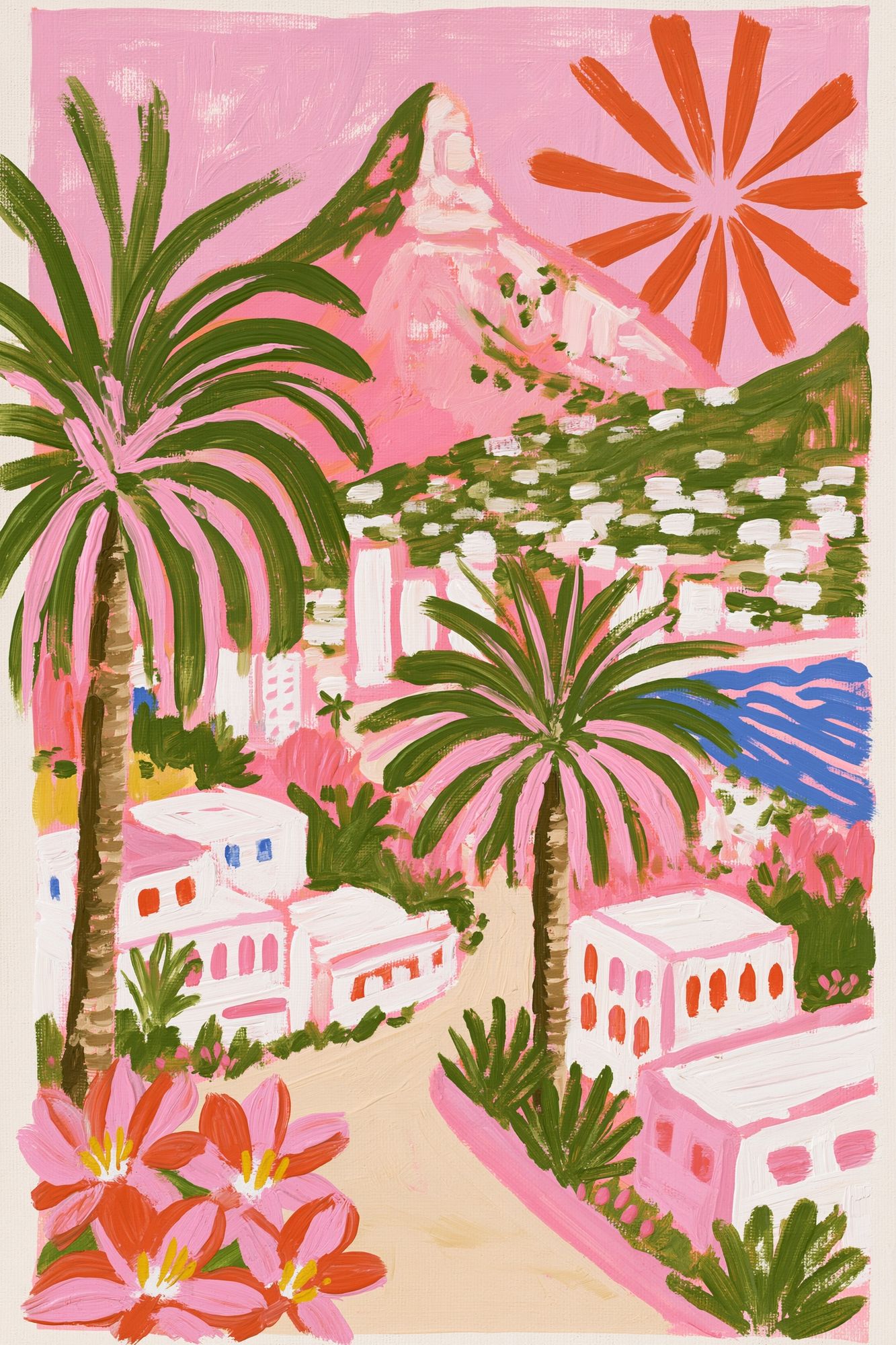 Pink Coastal Village Illustration Poster. poster detail