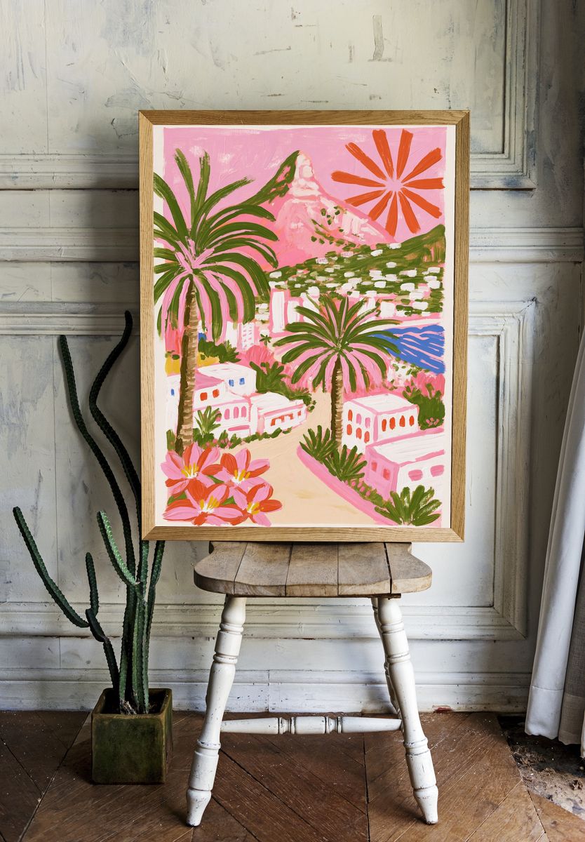 Pink Coastal Village Illustration Poster. room preview